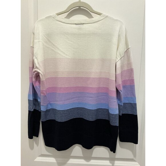 Talbots Sweater Size Large Cream Pinks Blue Black Stripes Crew Neck - Picture 4 of 7